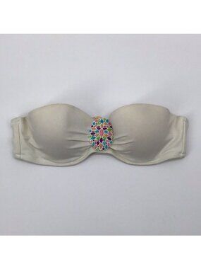Victorias Secret Strapless Bra 34B Nude Satin Multicolor Jewel Center